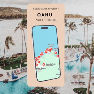 A vibrant map of Oahu with custom pins marking hidden gems, beaches, hiking trails, restaurants, and secret spots, showcasing the Oahu Tips for Google Maps product.