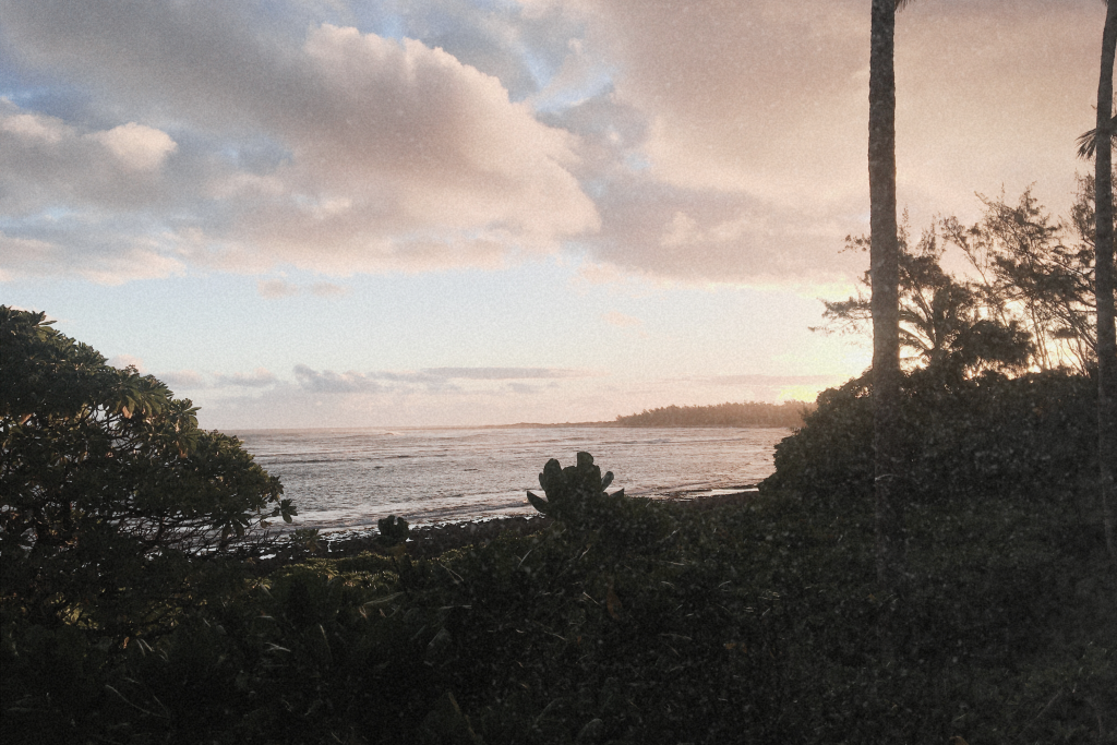 A peaceful sunrise view from a Turtle Bay Resort VRBO, with soft pink clouds and lush tropical vegetation—ideal for a relaxing morning.