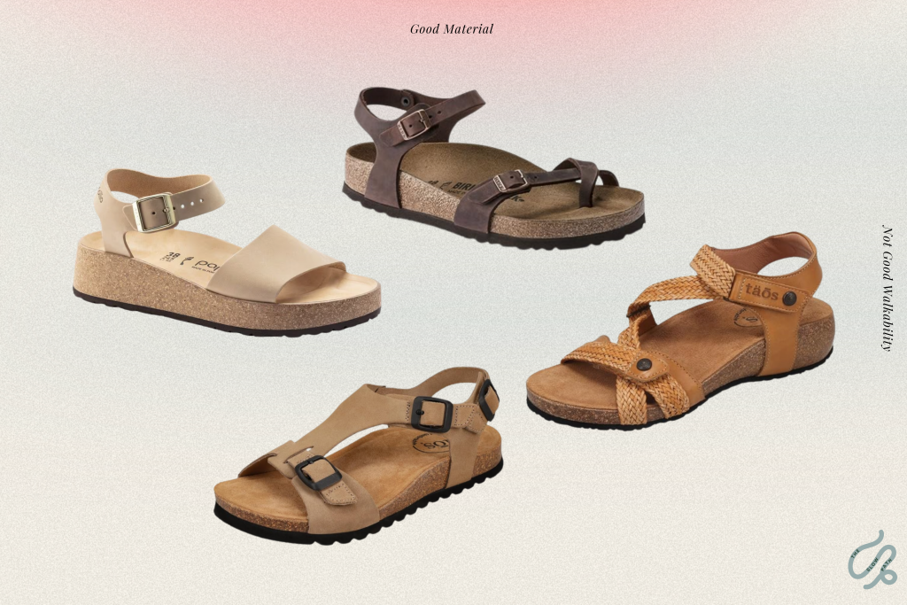 A collage of stylish sandals made from high-quality materials but lacking support for long walks.