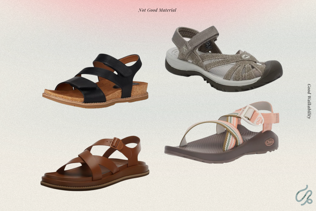 A collage of popular walking sandals that offer comfort and support but are made from materials not ideal for your skin's needs on long walking days.