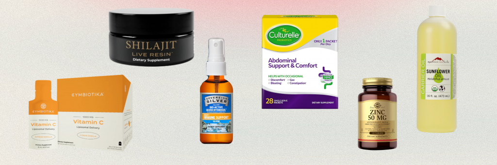 A collage of immune-boosting products, including vitamin C, herbal teas, probiotics, and travel-friendly wellness supplements.