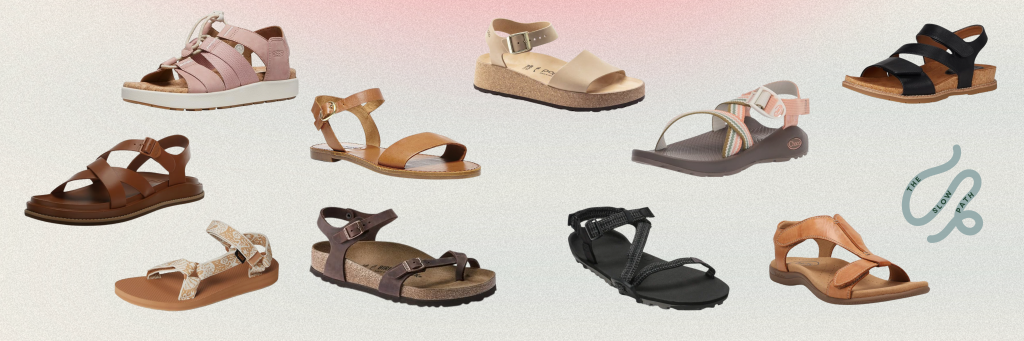 A collage of various comfortable walking sandals, including strappy, slip-on, and sport styles, ideal for exploring Hawaii.
