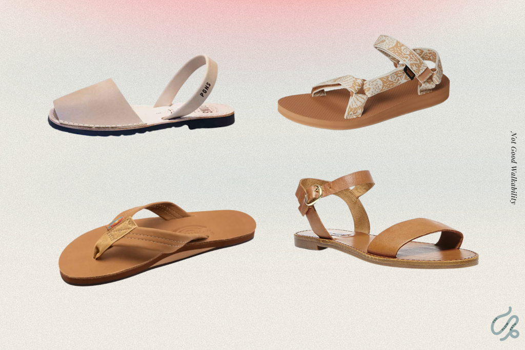 A collage of sandals that lack the support needed for walkability.